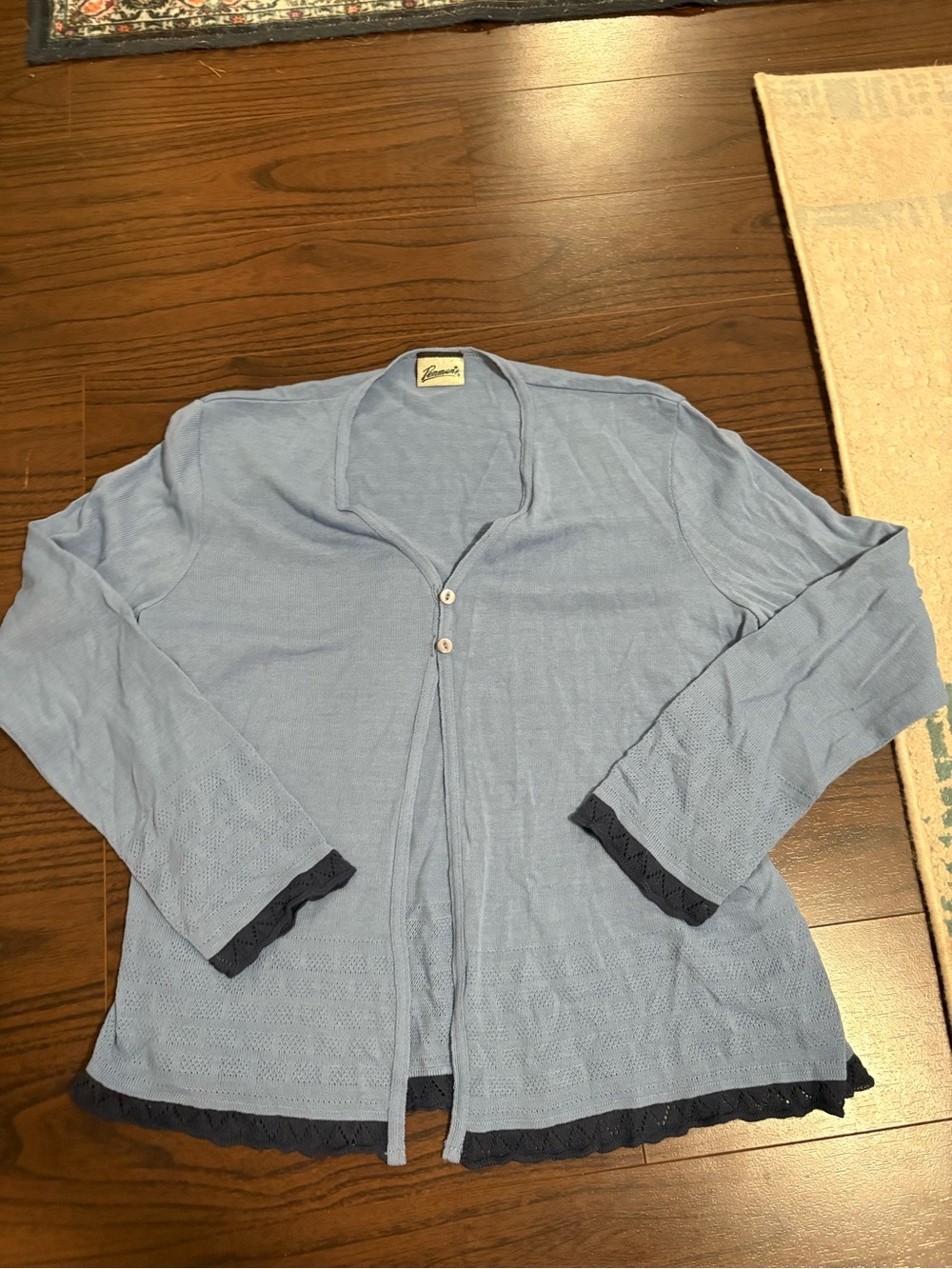 Light Blue Women's Knit Cardigan with Navy Trim